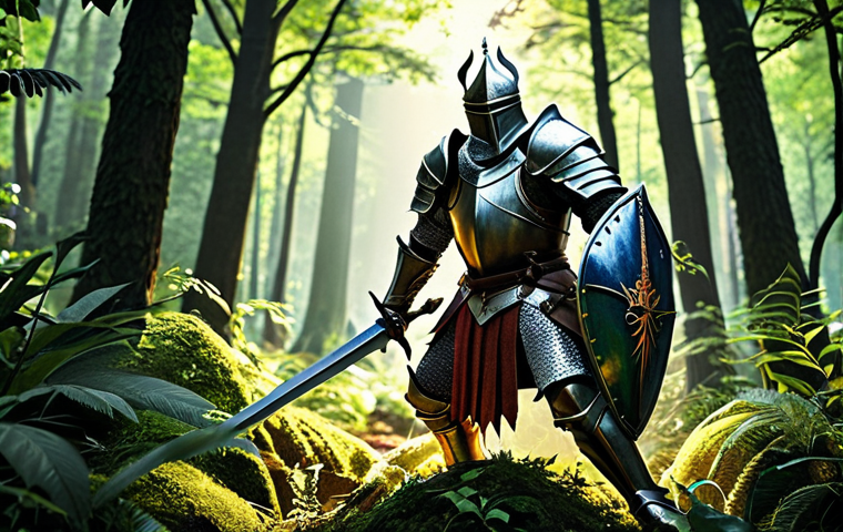 **
"A powerful Knight clad in shining armor, wielding a great sword, battling monsters in a lush forest setting. Focus on the Knight's strength and determination. Fantasy game art style, vibrant colors, detailed textures."
**